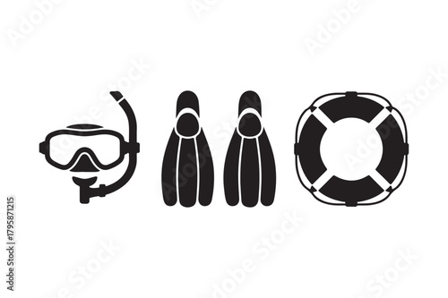 Black silhouette icons of snorkel gear fins and lifebuoy