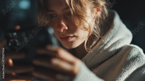 A young woman in a hoodie is engrossed with her phone in a softly lit, intimate setting, her gaze fixated on the screen. ..Created with Generative AI, not depicting real subjects.