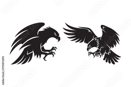 Two fierce black eagles in mid flight silhouette