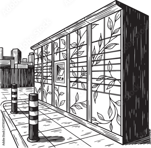 Vintage vector engraving illustration of a modern parcel locker station with decorative panels bollards sidewalk tiles and city skyline isolated on transparent background showing d