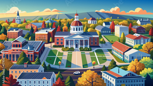 Very beautiful aerial panorama of Concord showcasing the New Hampshire State House, Main Street, tree-lined avenues, and classic architectural details in a clean, atmospheric, non-event urban landscap
