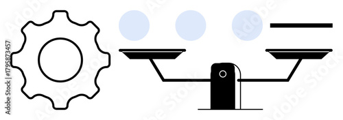 Gear symbol next to balanced scales with blue spheres, representing equilibrium, engineering, and decision-making. Ideal for efficiency, optimization, balance, precision innovation fairness. Simple