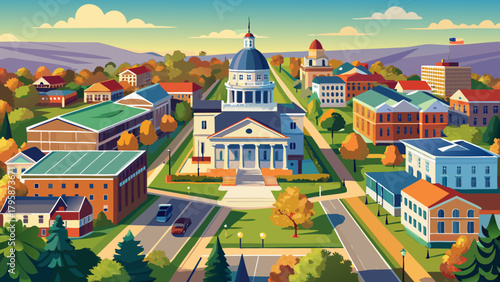 Very beautiful aerial panorama of Concord showcasing the New Hampshire State House, Main Street, tree-lined avenues, and classic architectural details in a clean, atmospheric, non-event urban landscap