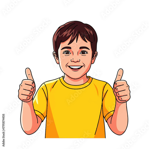 Cheerful young boy giving thumbs up in friendly cartoon illustration.