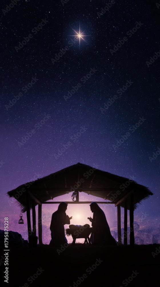 Fototapeta premium A silhouette scene of the Nativity, depicting the Holy Family adoring the baby Jesus, with a bright star overhead. ..Created with Generative AI, not depicting real subjects.