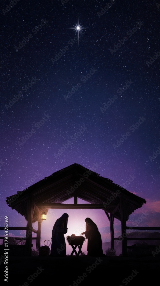 Fototapeta premium Under the radiant glow of the celestial star, the silhouettes of a sacred family gather in a humble stable. ..Created with Generative AI, not depicting real subjects.