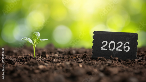 New Year Growth and Future Planning: Small Sprout Next to a Sign Board Showing the Year 2026 in Rich Soil