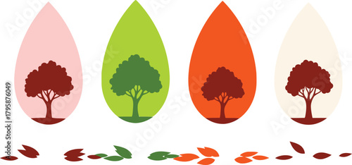 Four tree silhouettes in teardrop shapes depict the changing seasons, with leaves in varying colors indicating fall, winter, spring, and summer.
