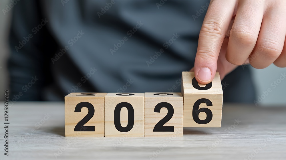 Naklejka premium 2026 new year change concept with hand flipping wooden number blocks on table
