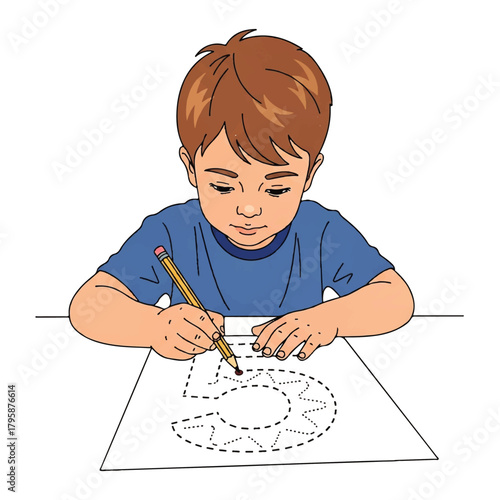 Young child focused on drawing geometric shapes and circles on paper.