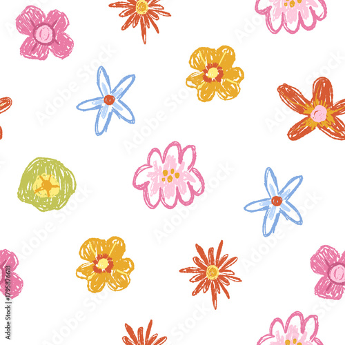 Floral seamless pattern with crayon drawn flowers