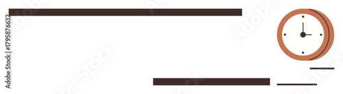 Circular wall clock with simple black hands and sleek brown frame alongside horizontal lines of varying thicknesses. Ideal for time management, simplicity, minimalism, organization, punctuality