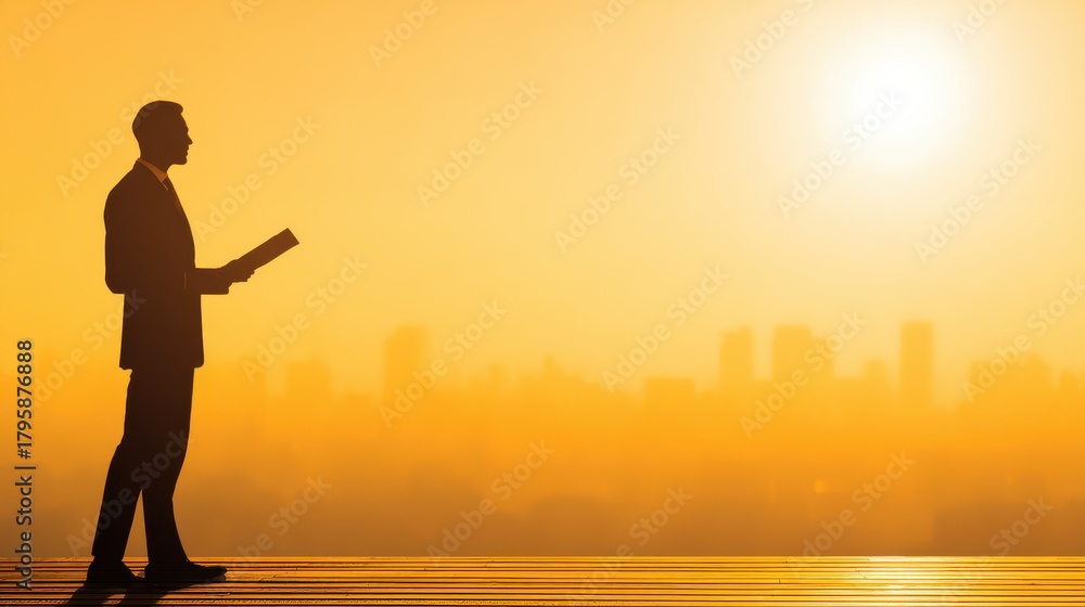 Fototapeta premium Man holding document in front of hazy city skyline at sunset