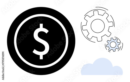 Dollar coin, rotating gears, and cloud represent finance, innovation, automation, technology, teamwork, data analytics and efficiency. Ideal for fintech strategy and growth conceptual themes
