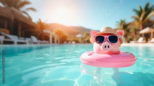 Close up of pink piggy bank with sunglasses and hat, sunny day sandy coast, summer vacation at sea beach or pool background. saving money concept