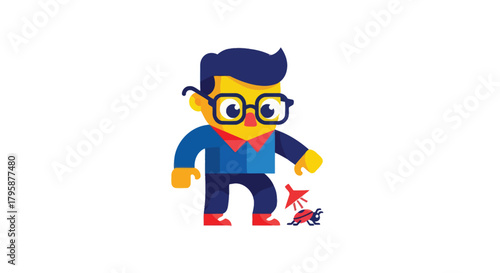 Cartoon character inspects a bug with lamp