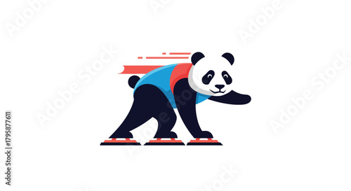 Cartoon panda with blue and red garment "skating" with speed effect