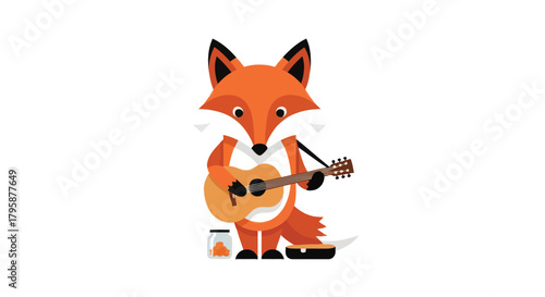 Cartoon fox busking, playing a guitar for money