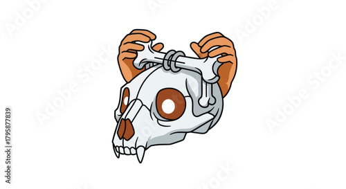 Cartoon of an animal skull held by hands