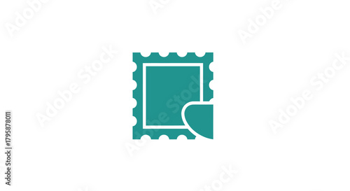Teal stamp icon with perforated edge and peeled corner, isolated