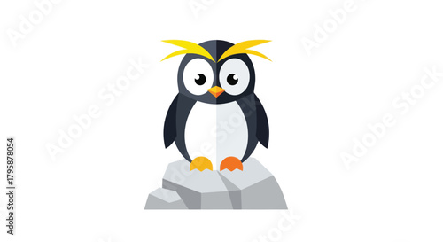 Cartoon penguin with yellow crest on gray rock