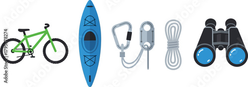 Flat Adventure Travel Icons Mountain Bike Kayak Climbing Gear Binoculars