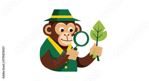Ape detective inspects leaf with magnifying glass