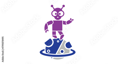 Cartoon alien stands on a blue and gray planet