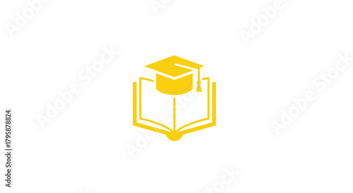 Yellow graduation cap on an open book, outline style