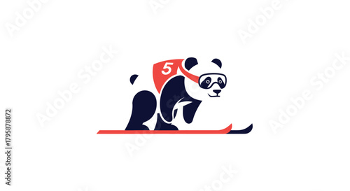 Panda on skis wearing goggles and a race bib number 5
