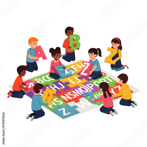 Children gathered around a colorful alphabet puzzle board for group learning and play.