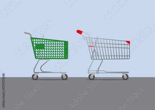 Two Empty Different Shopping Carts plastic and metal on a Light Gray Background