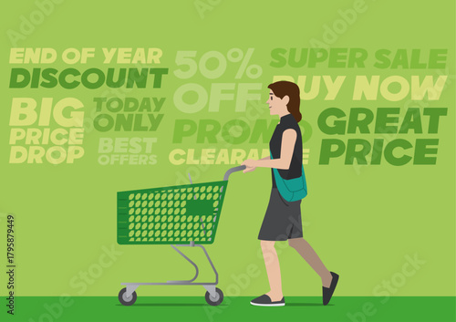 Woman Walking Shopping During a Big Sale Event on Green Background theme