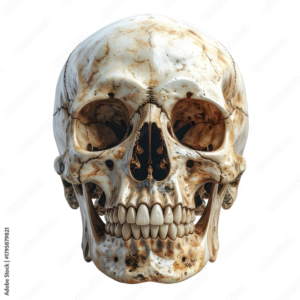 Obraz premium Human skull front view, aged bone texture, dark background