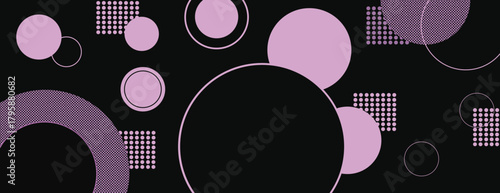Retro background with black background and purple circles. The background features a dotted texture, creating a dynamic background. Abstract geometric circle pattern background vector