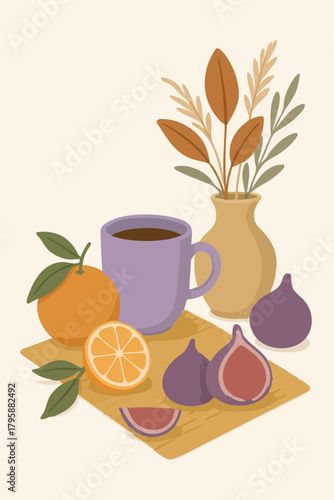 Tea Still life Art Beverage Drink Fruit Vase Plants pomegranate orange enjoy illustration daily presence meditation natural Teacup Relaxation Vector Print Design