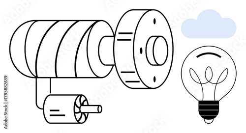 Electric motor, light bulb, and cloud symbolizing energy, innovation, creativity, sustainability, efficiency, and green technology. Ideal for energy invention sustainability efficiency science