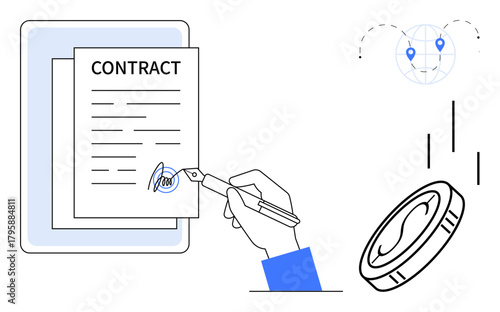 Contract signing with fountain pen, falling coin symbolizing payment, and global connection with location points. Ideal for business, agreements, deals, legal matters, e-commerce, global trade