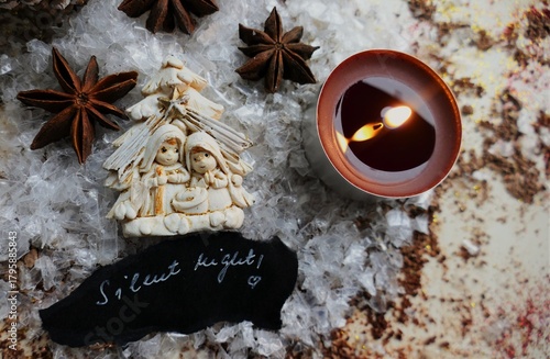 Christmas ceramic statue decoration and candle, Joseph, Mary and Baby Jesus scene, Silent night, Nativity Christmas