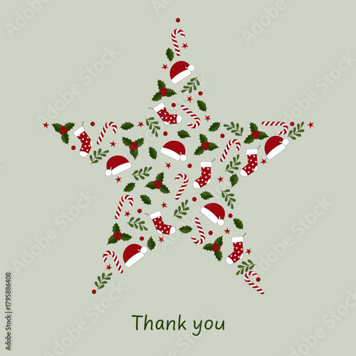 Thank you - Schriftzug in englischer Sprache - Danke . Quadratische Grußkarte mit Weihnachtsmannmützen, Weihnachtsstrümpfen, Zuckerstangen, Sternen, Blättern und Beeren.