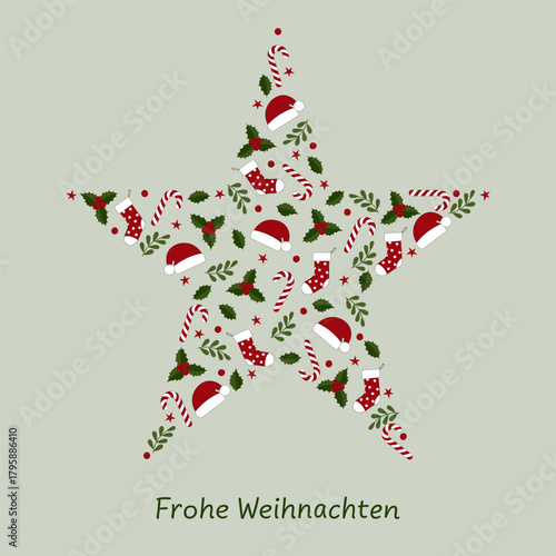 Frohe Weihnachten - Schriftzug in deutscher Sprache. Quadratische Grußkarte mit Weihnachtsmannmützen, Weihnachtsstrümpfen, Zuckerstangen, Sternen, Blättern und Beeren.