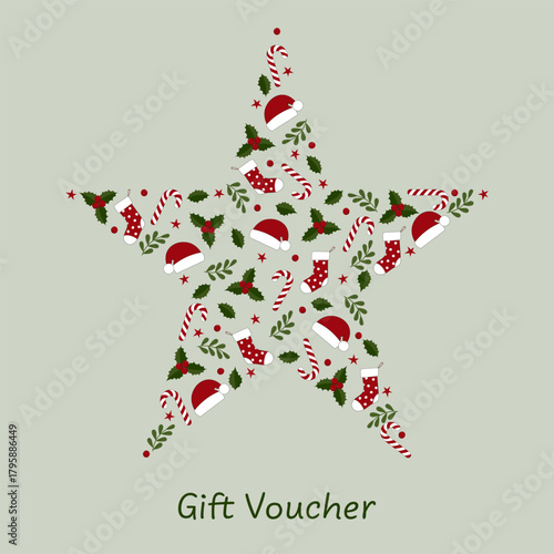 Gift Voucher - Schriftzug in englischer Sprache - Geschenkgutschein. Quadratische Gutscheinkarte mit Weihnachtsmannmützen, Weihnachtsstrümpfen, Zuckerstangen, Sternen, Blättern und Beeren.