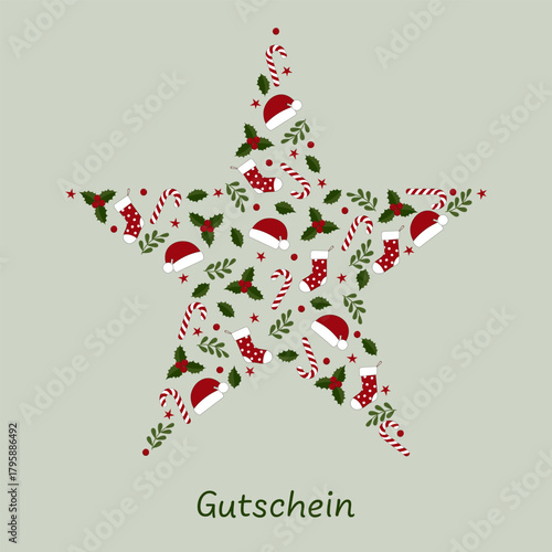 Gutschein - Schriftzug in deutscher Sprache. Quadratische Gutscheinkarte mit Weihnachtsmannmützen, Weihnachtsstrümpfen, Zuckerstangen, Sternen, Blättern und Beeren.