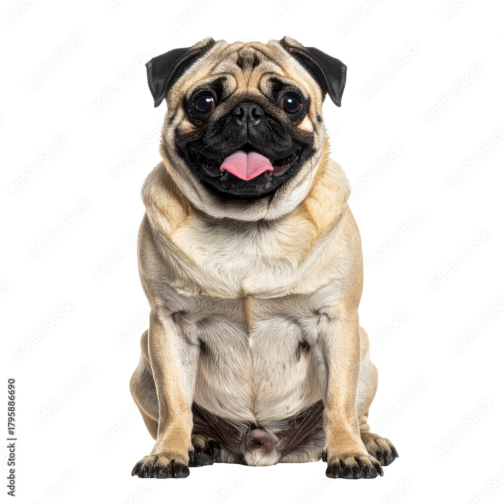 Fototapeta premium Happy pug sits looking at camera. Dark background and great lighting