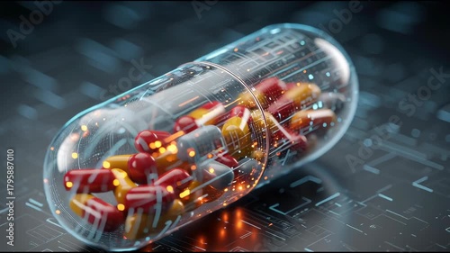 Futuristic capsule filled with pills, representing medical technology and innovation