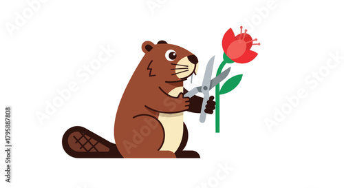Cartoon beaver neatly trimming a red flower with garden shears