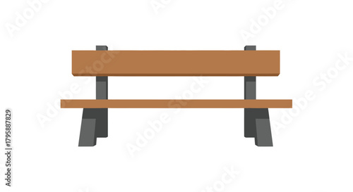 Simple, low-poly park bench with wood planks for seat and back, gray support posts, isolated on white background