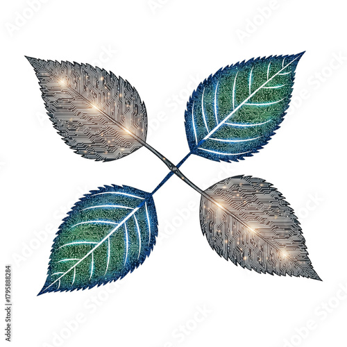 Tech-Inspired Foliage Artwork with Intricate Circuitry Detailing, Digital Nature Concept, Unique Design for Modern Tech Branding and Environmental Technology