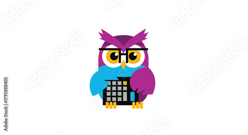 Geometric owl with glasses, holding calculator