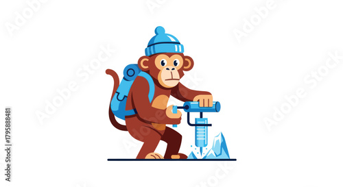 Cartoon monkey with hat, backpack drilling ice